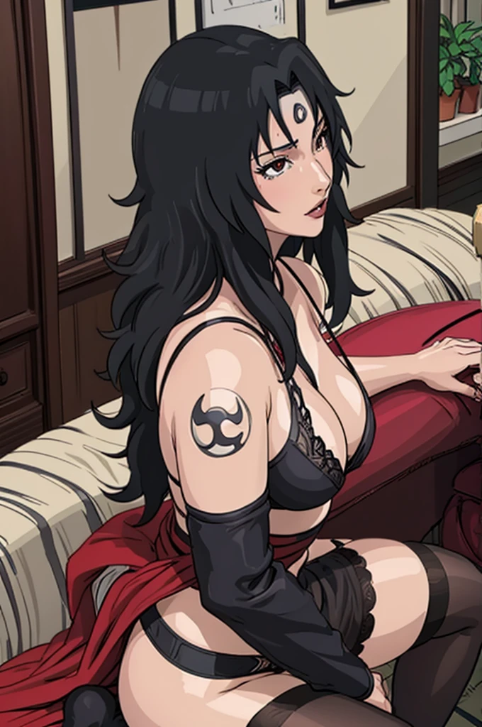Kurenai in a sexy black lingerie sitting in raikage lap,milf,thich body,perfect face,perfect eyes,stockings,strip tease, sitting on man lap