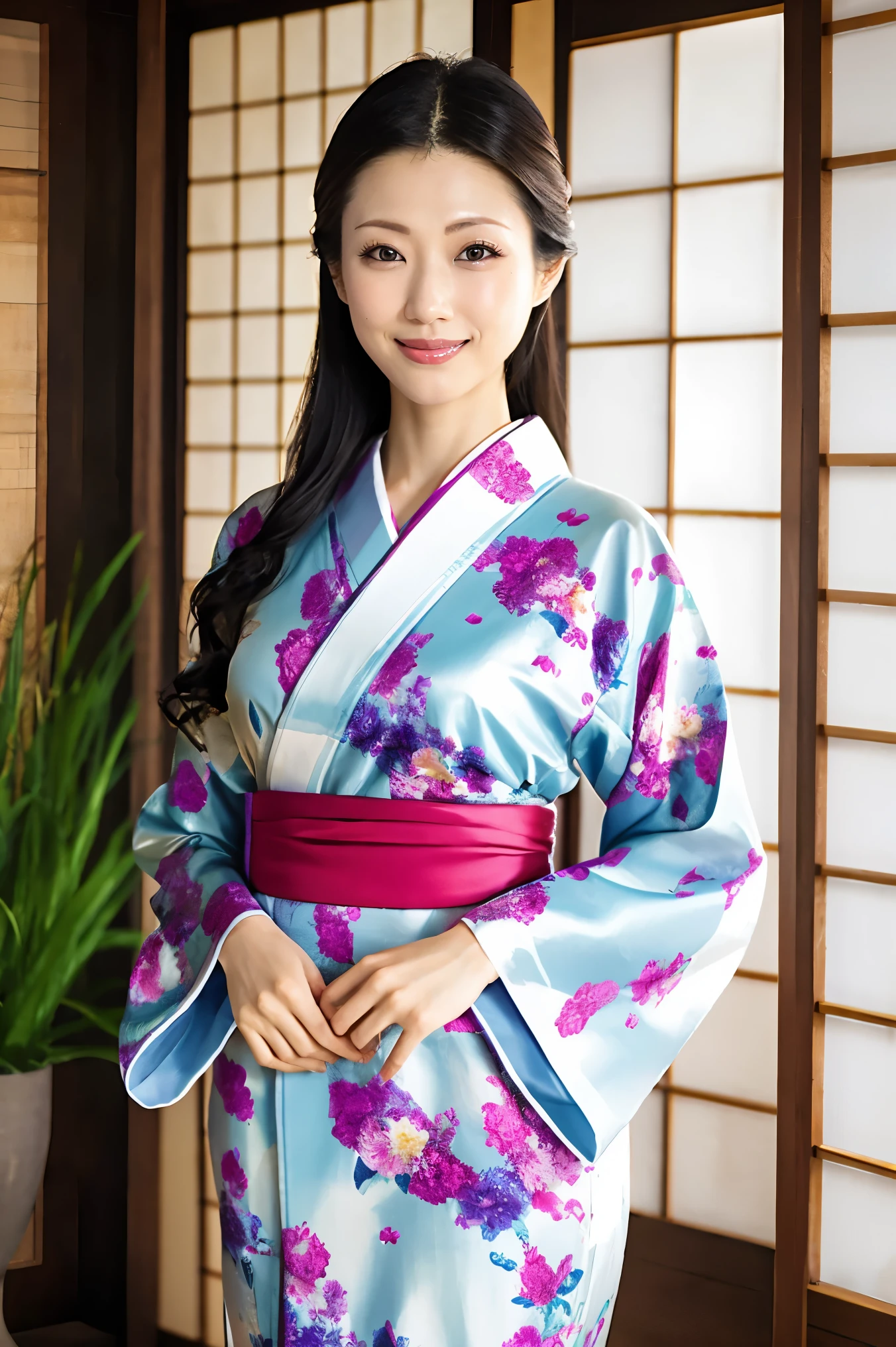 (Highest quality、Tabletop、8K、Best image quality、Award-winning works)、(One beautiful mature woman:1.1)、Adult face、(Innkeeper:1.1)、(Elegant floral kimono:1.2)、(A kimono with a perfect and precise collar:1.2)、Perfect mature woman portrait photo、Glowing Skin、Standing Elegantly、(Blurred elegant and exquisite perfect Japanese style room background:1.3)、(The most natural and perfect tidy Japanese style room background:1.2)、Glowing White Skin、Very white skin、(Accentuate your body lines:1.1)、(The most graceful posture:1.2)、(Large Breasts:1.2)、A perfect smile、Perfect beautiful glossy lips、(Accurate anatomy:1.2)、(A perfect and elegant kimono:1.1)、(Standing with good posture:1.1)、(Beautiful, high-quality, large kimono obi:1.1)