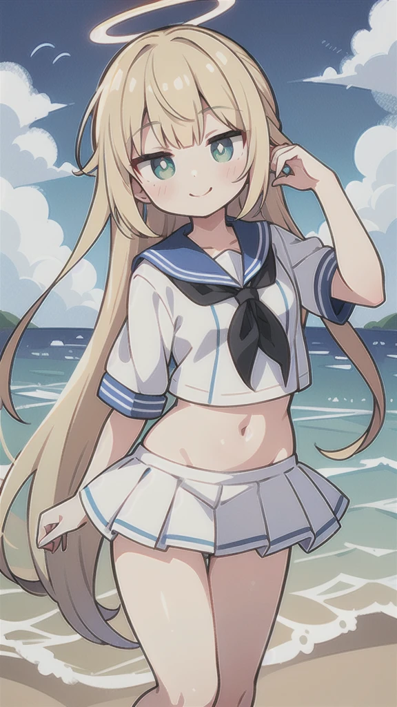 First place girl,Long straight hair,The right bangs,Light hair,Light Blonde Hair,Light green pupils,以blue、White-based clothes,Sailor Suit上衣,Tactics,Technology,Goggles,Modern,blue、白色紧身连体Swimsuit,连体Swimsuit,Swimsuit,Sailor SuitNavel短上衣,Navel,Sailor Suit,White halo,Gentle and lovely,Kind,Smile,迷人的Smile,one person,daytime,outdoor,high quality,Don’t overdo the composition,Masterpiece