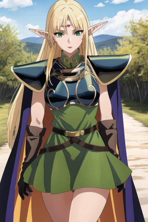 masterpiece, best quality, 1girl, solo, scenery, cowboy shot,
pointy ears, blonde hair, long hair, elf, circlet, green eyes, long pointy ears, very long hair, breasts, medium breasts, earrings, lips, makeup, bangs,
cape, armor, blue cape, shoulder armor, pauldrons, gloves, breastplate, belt, green dress, short dress,
