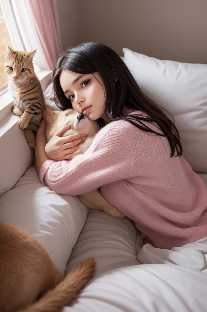 A BEAUTIFUL CHILD IN PAJAMA AND BEANIE SLEEPING NEXT TO HER PET KITTEN ON A LARGE SOFA