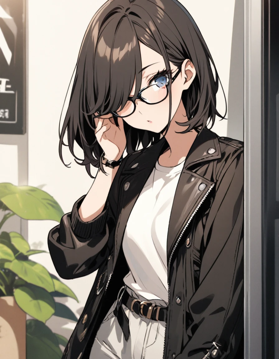 diagonal, bright、Glasses、woman、Jacket、Hiding one eye、stylish