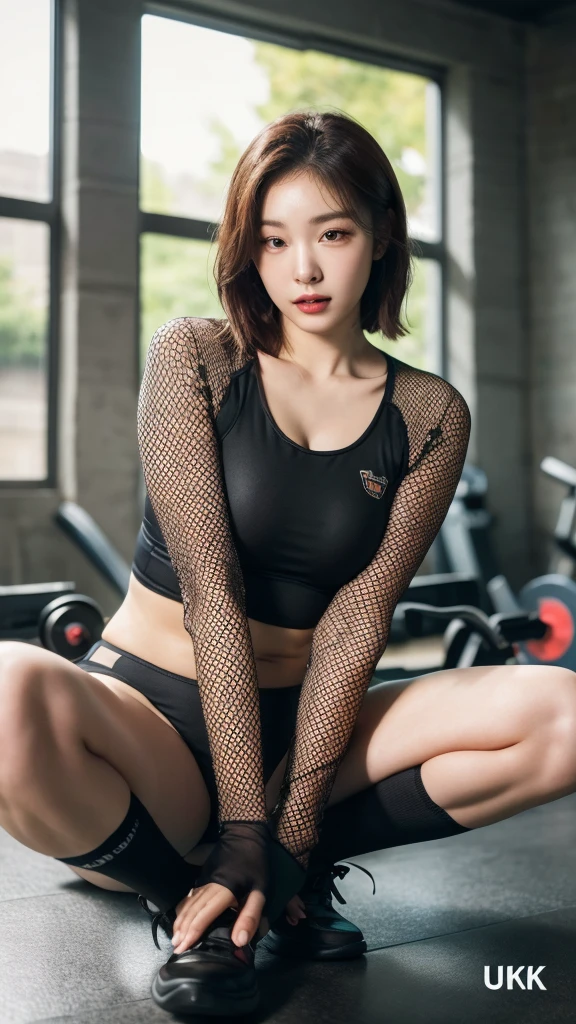 Highly detailed CG Unity 8K wallpapers,top Quority,Super detailed,tmasterpiece,realisticlying,photograph realistic,Very detailed cute girl,25 age old,musculature,Microabs,Round eyes,peeping at the viewer,Be red in the face,parted lip,Half-body shooting,
track suit , gym room,black fishnet stocking , short hair