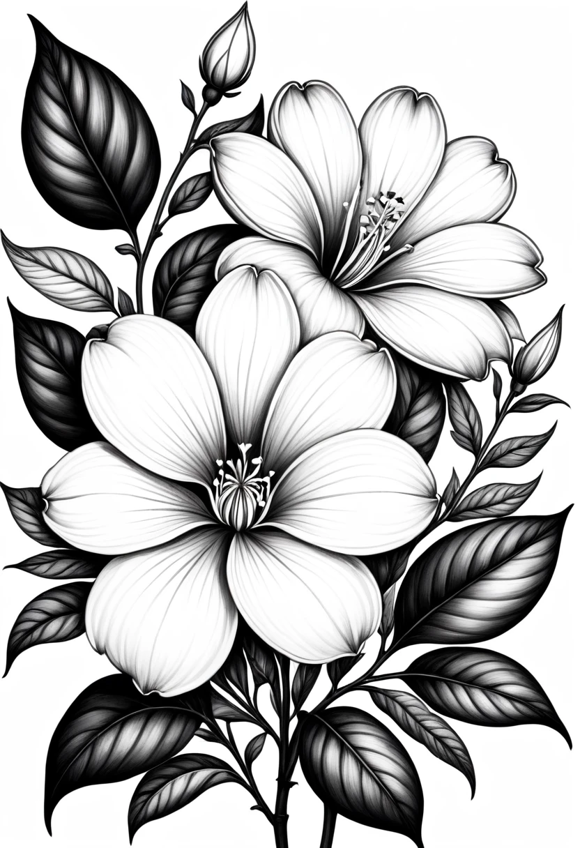 drawing of linha fina sem sombreado e sem áreas pretas, drawing of " flower perfect love", On white background, monochrome, black andwhite, no shadows, white background, clear leaves, white sheets, light white leaves