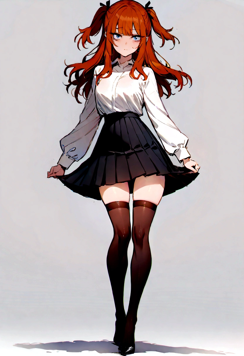 (masterpiece), best quality, expressive eyes, perfect face, 1girl, solo, blue eyes, dark orange Hair, Loose hair, hair ribbon, long hair, black ribbon, sidelocks, bangs two side up, black skirt, black thigh-highs, long sleeves, miniskirt, pleated skirt, white blouse, tigh-highs,  full body, looking at viewer,