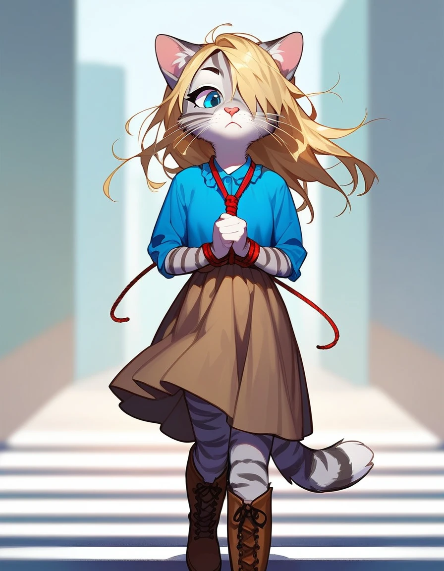 Solo, score_9,score_8_up,score_7_up, source_cartoon, kat, Anthro furry feline, female, short slender body, long blonde hair, long messy hair, hair covering one eye, pink nose, blue eyes, white whiskers, silver fur, grey stripes, furry body, short, young, about 6 , wearing ruffled blue blouse, brown skirt, looking down, furrowed eyebrows, brown boots, nighttime, walking, hands tied together, hands restrained by ropes, side view, a rope tied to her wrists 