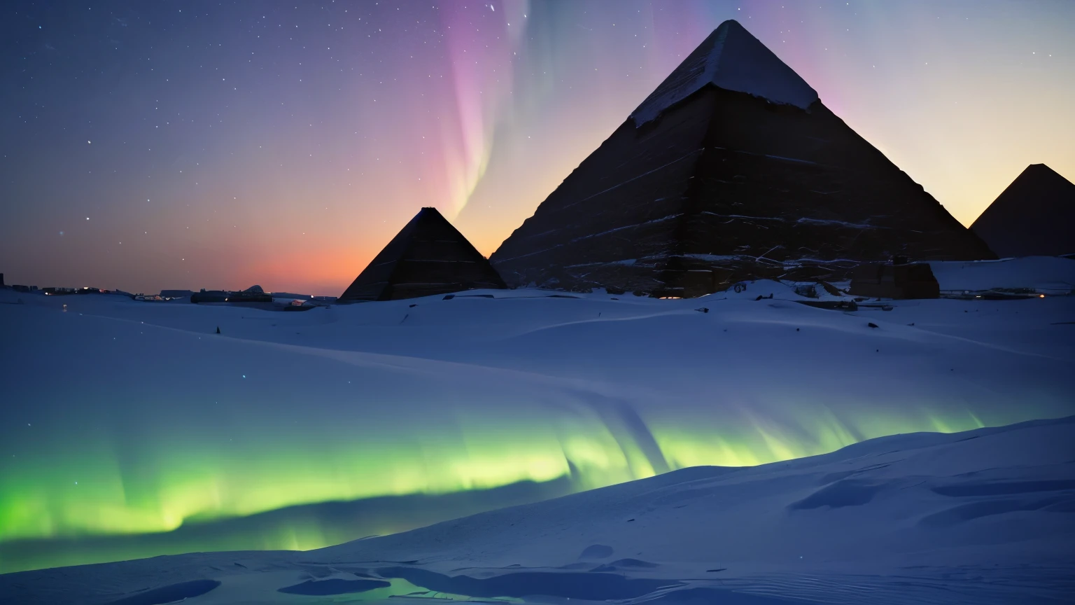 (Masterpiece:1.4), (realistic, photorealistic:1.4), ultra hi-res 8k, Pyramids of Giza, Snow Scene, Aurora