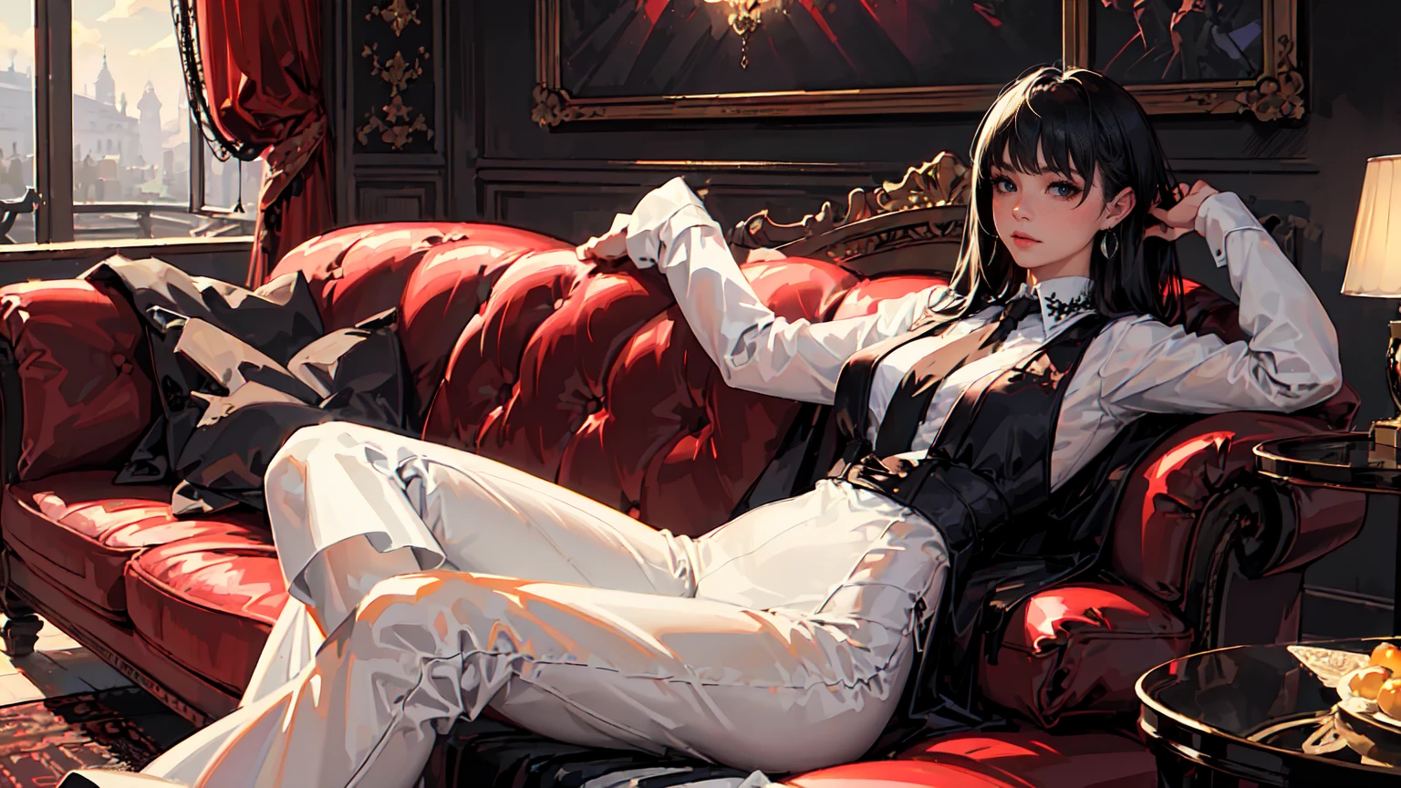 (Epic Showcase Designs in Detail)(Masterpiece, Best Quality, Ultra High Resolution , Digital Art,Beautiful and Aesthetic )Perfect proportions of the body , not an ordinary perspective . ( One Fashionable adult girl with avery long, full-length girl's hair, slender figure, ) suit in professional performance , long tie , (silk thick threads of red color ) , . The character sits on a large massive sofa , an atmospheric pose ,( 2.5D style . realistic anatomy , beautiful perspective . Best image quality , pastel color , ) detailed background : A gorgeous massive sofa stands in the middle of a field at night (the sofa emits a soft light that illuminates the place where it stands )