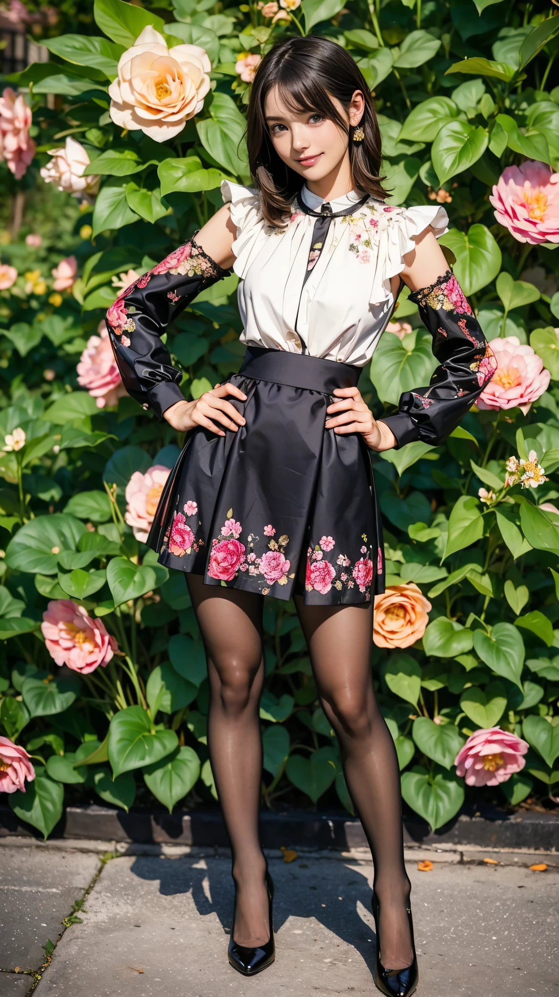 ((masterpiece)),(((Highest quality))),Thin thighs,Long legs,whole body:1.5,(One Girl:1.3),(Black pantyhose and thick pointy heels:1.3),(Wearing a mini mini mini flare skirt dress with floral and ornamental plant patterns:1.2),Short Blonde:1.2、Model pose,high waist:1.5、Standing with legs apart:1.5,Cute pose with hands on hips:1.5,The best smile:1.5,