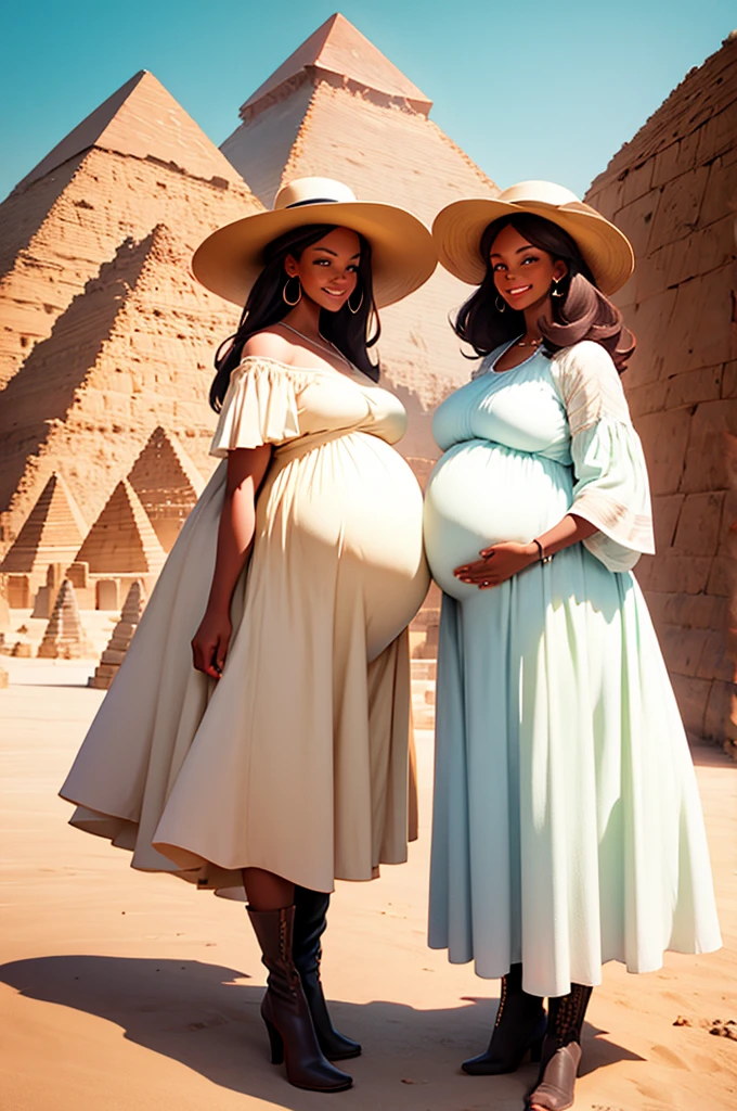 two pregnant women standing in front of the great pyramids, in long dresses, hats, boots,