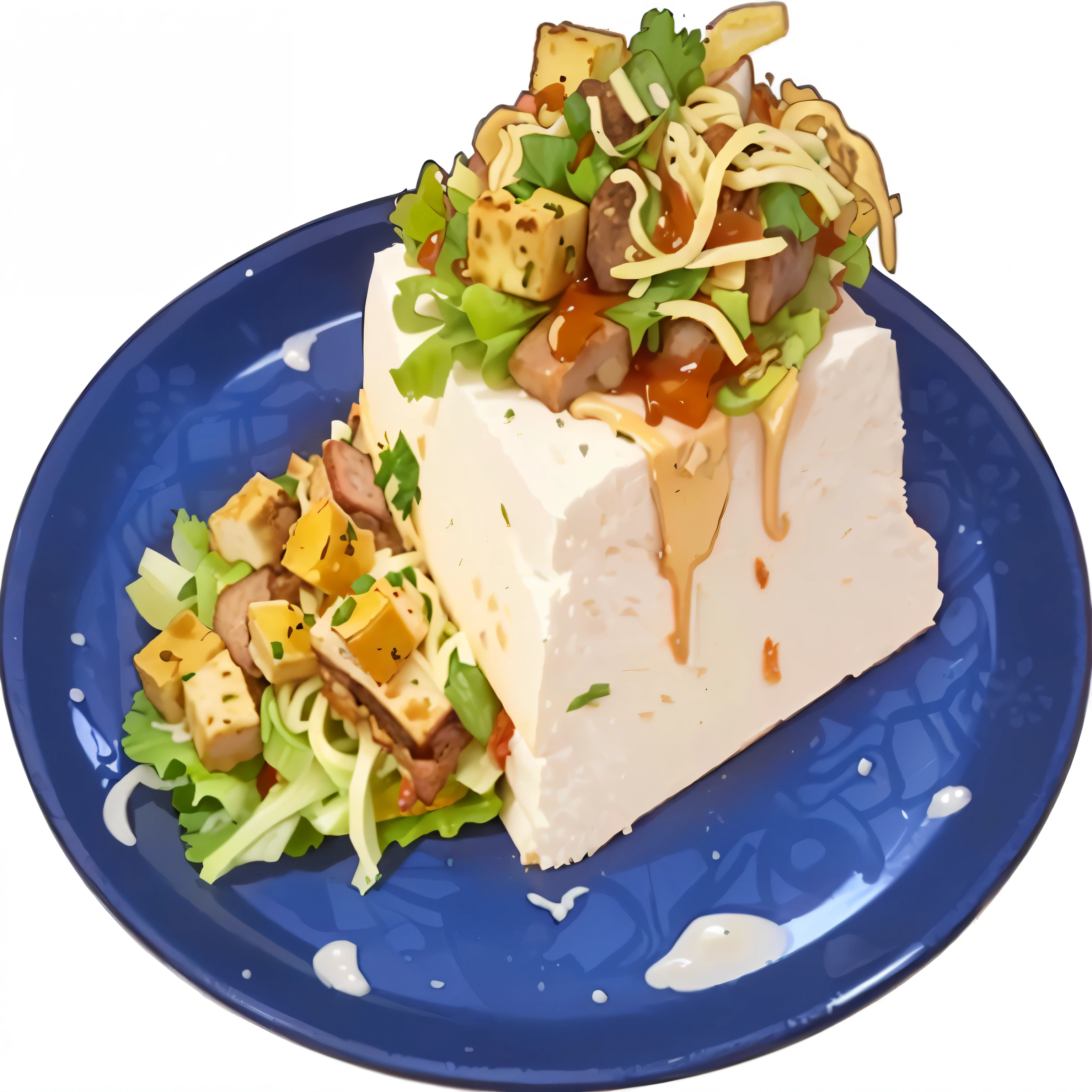 Cartoon illustration of a plate of food with noodles and meat, Map Tofu cartoon, Anime Food, one sandwich with fried tofu, Jelly texture, ASP, Makoto, ❤🔥🍄🌪, (Art Station), Chen Bo, Sauce, Map Tofu, sandwich with fried tofu, recipe, Katagiichi, image, abalone