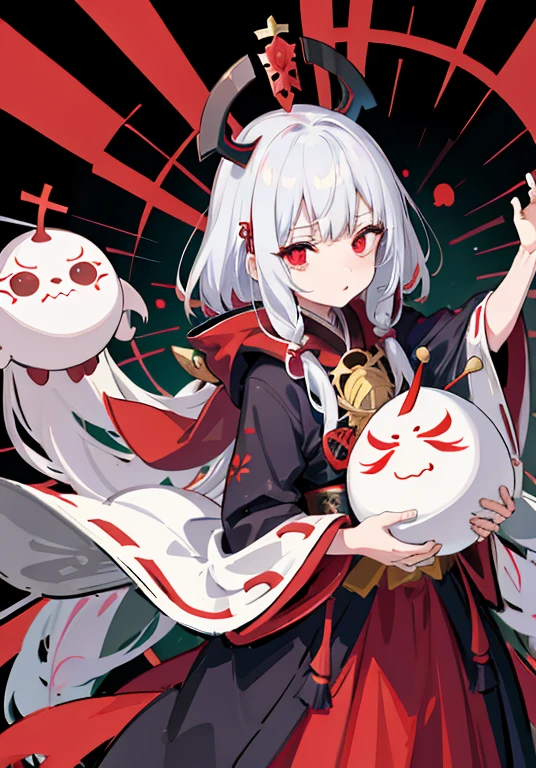 evil shinto priest wearing a hyottoko mask (white mask with popping red luminous eyes, twisted sucking mouth), throwing ghosts with both hands, His suit is blue with classical detailed black green and red lines, red belt, red hat and gold ribbons on the closures, red luminous eyes, background macabre of tombs,