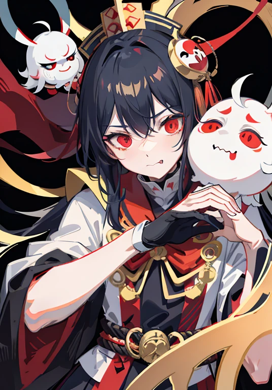 evil shinto priest wearing a hyottoko mask (white mask with popping red luminous eyes, twisted sucking mouth), throwing ghosts with both hands, His suit is blue with classical detailed black green and red lines, red belt, red hat and gold ribbons on the closures, red luminous eyes, background macabre of tombs,