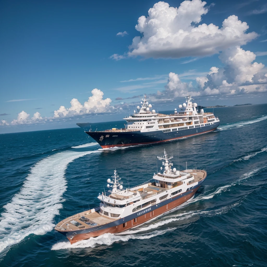 High angle wide shot, UHD ultra-detailed clarity real picture of marine vessels breeding fish Guoxin-1, it is sailing in the sea,