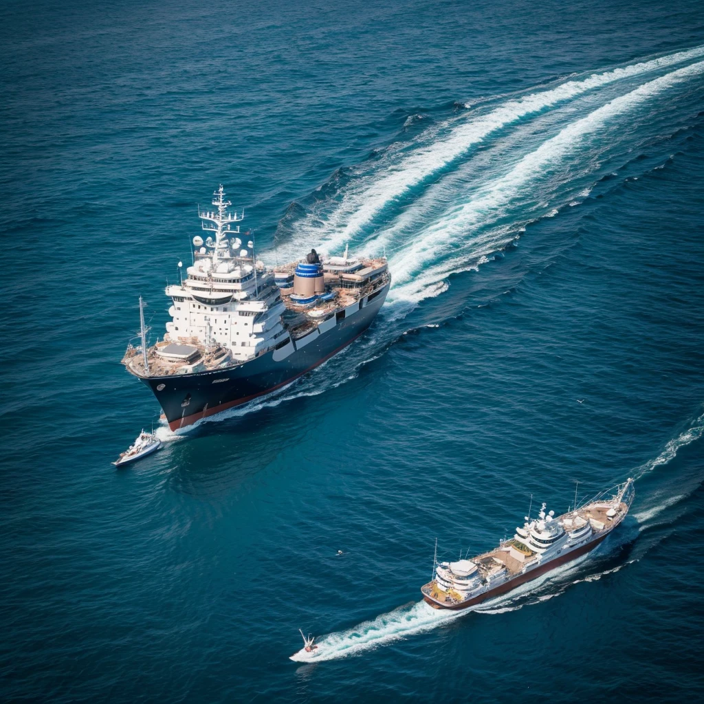 High angle wide shot, UHD ultra-detailed clarity real picture of marine vessels breeding fish Guoxin-1, it is sailing in the sea,