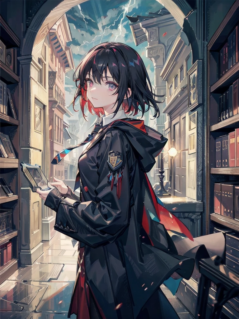 maximum details, cinematic, abstract art, dark theme, deep shadow,
1 girl, adult (elven:0.7) woman, freckles, ruby eyes, dark red quiff hair,
(style-swirlmagic:0.8), looking at viewer, solo, (full body:0.6), detailed background, detailed face, (fragrealitytech theme:1.1), hogwarts teacher, curious, (ravenclaw :1.1), necktie, cloak, casting spell, surrounded by lightning, library in background, sunlight,