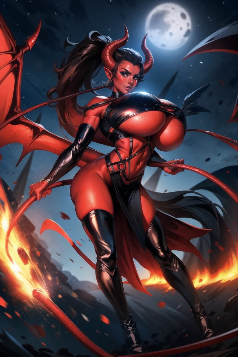 Red skin succubus tiefling, large breasts, black horns, wings, huge tail, black leather, crop top, long flowing pelvic curtain, tall, toned, graceful, thin, long black ponytail. Action scene, whip. Dark scene, explosions, night sky.