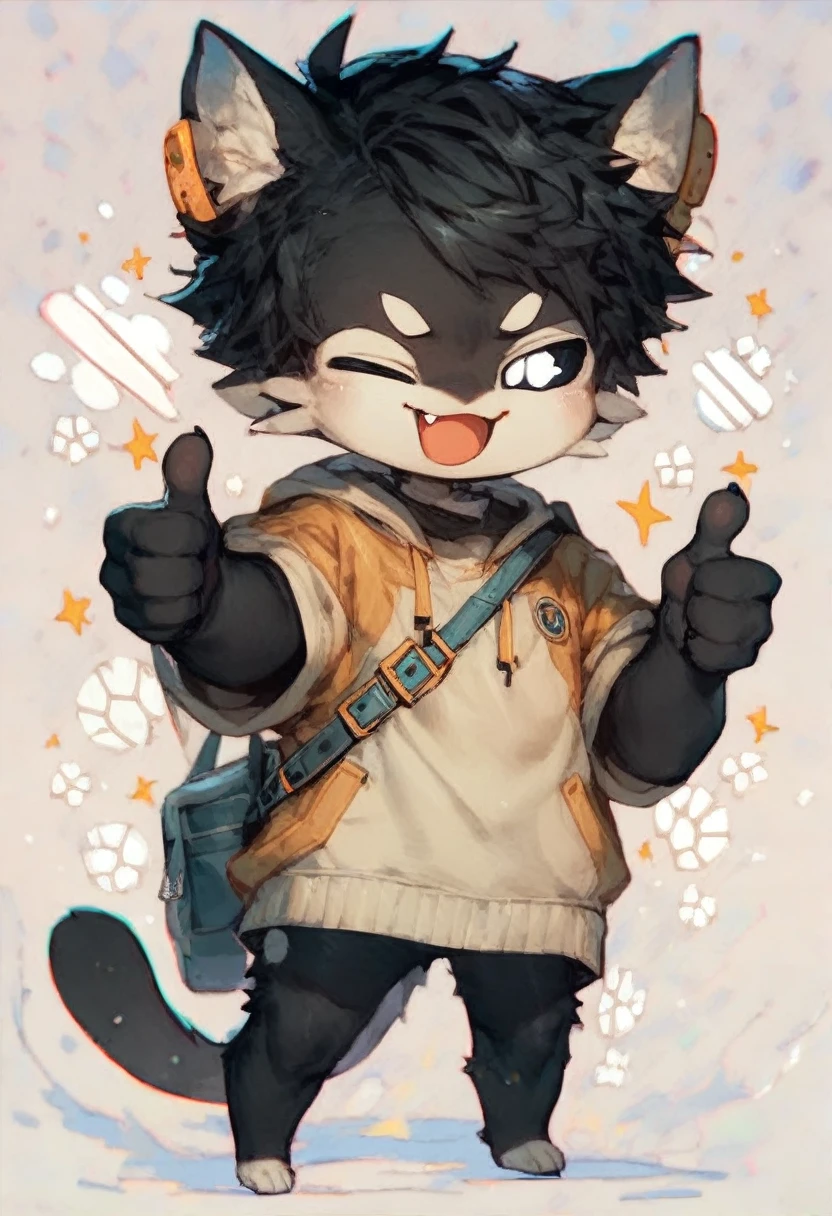 score_9, score_8_up, score_7_up, detailed background, by riyo_(lyomsnpmp), 1boy, solo, anthro cat, black sclera, white iris, white pupil, white fur, short black hair, black fur, simple background, chibi, absurd res, thumbs up, standing, front view, wink, peace sign