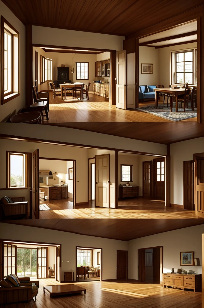 Illustration of a house with several connected rooms, without doors or with open doors. In every room, different members of a family interact with each other. in a room, a father or mother helps their  with homework. In other, two brothers talk. In other, a grandfather or grandmother participates in a family activity. One family member is shown entering another&#39;s room without knocking. The style is warm and friendly, highlighting family closeness but also the lack of privacy.