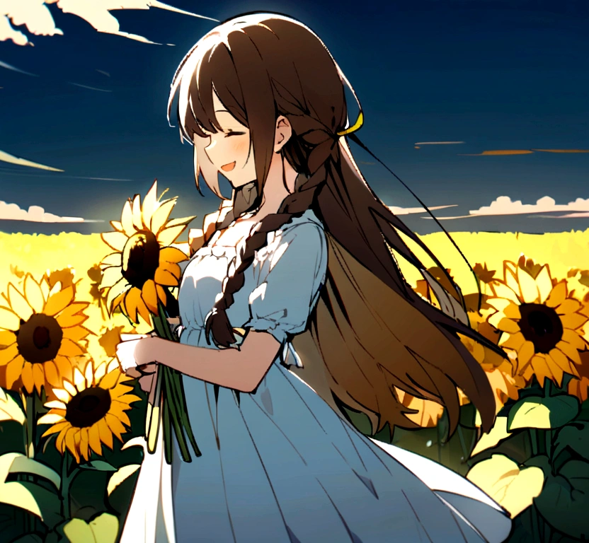 a woman wearing a Have Holding a flower束 of flowers walking in front of a background of bright yellow flowers with grass in the background, One girl, Have, alone, dress, close your eyes, Long Hair, flower, smile, null, Braiding, straw Have, Open your mouth, white dress, flower束, Brown Hair, Holding, flowerびら, Outdoor, twin Braidings, cloud, In-person audience, yellow flower, blue null, sunflower