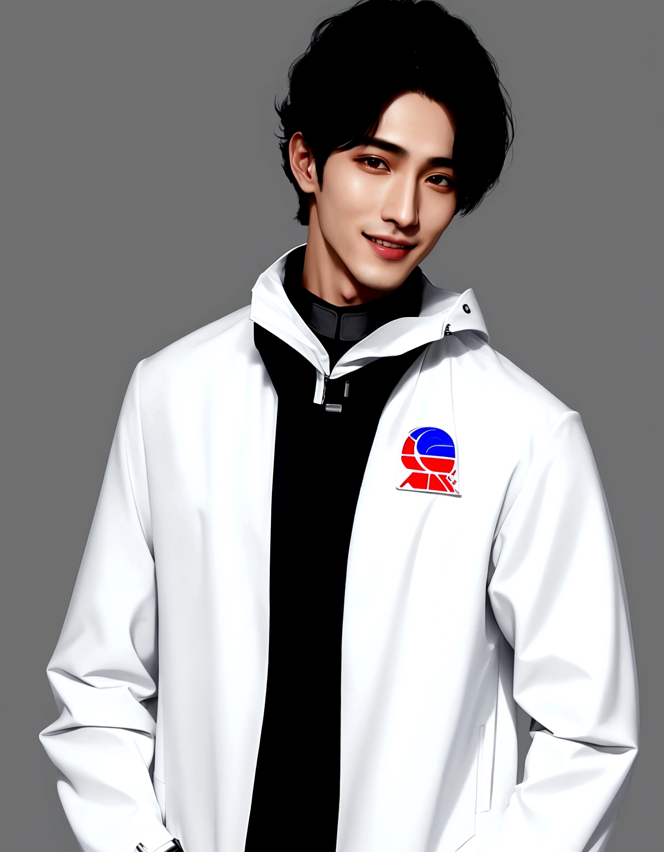 Man smiling with teeth showing, Arabic style image of a man wearing a white jacket and black tie, wearing space techwear, Profile shot, Cai Xukun, Model is wearing a technical vest, Won Bin Lee, Official product photos, xqc, Official product images, Official photos, Official photo, cyber future jacket, Official store photos, Official Art, Shin Jinyoung, Inspired by Zhang Han