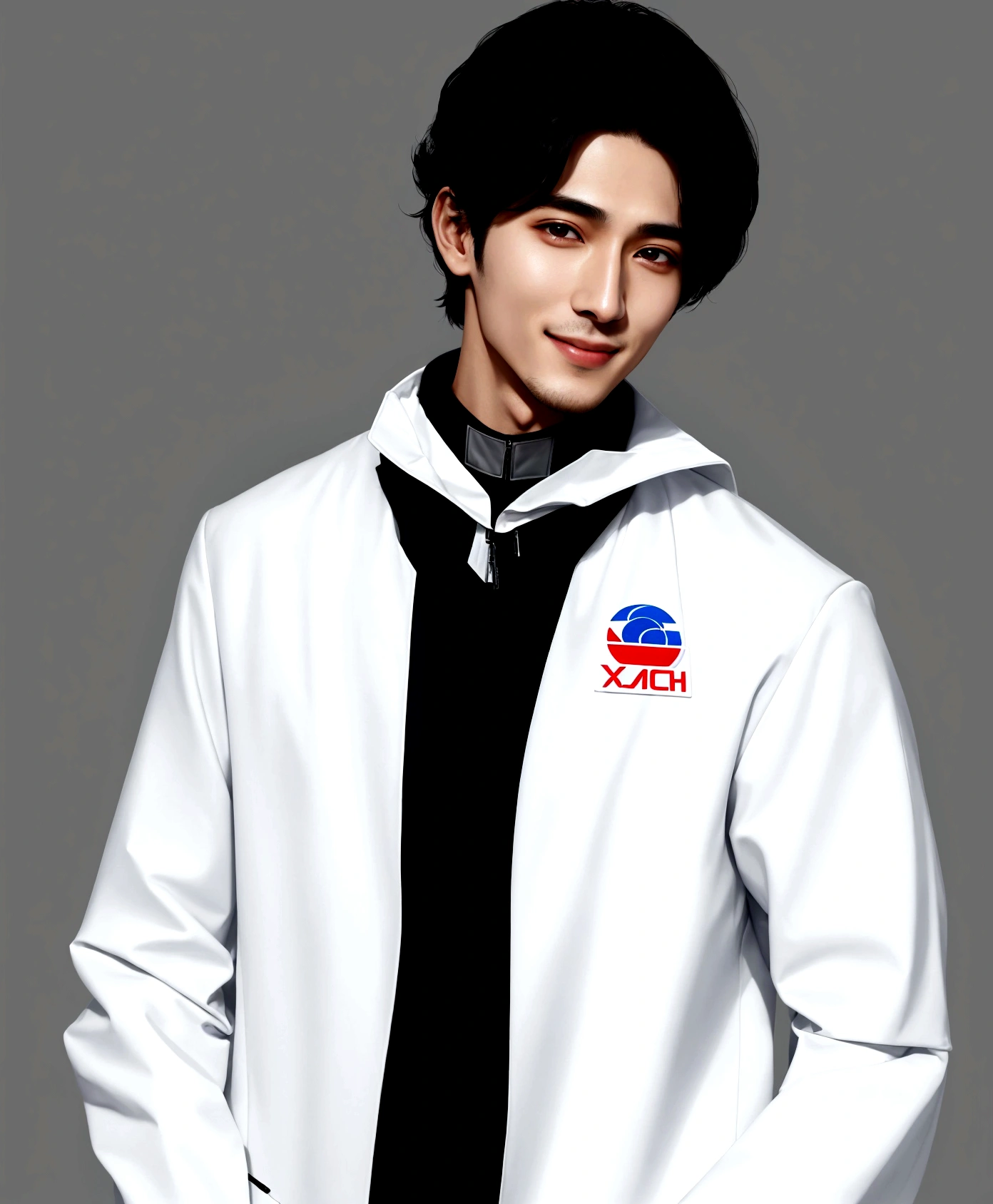 Man smiling with teeth showing, Arabic style image of a man wearing a white jacket and black tie, wearing space techwear, Profile shot, Cai Xukun, Model is wearing a technical vest, Won Bin Lee, Official product photos, xqc, Official product images, Official photos, Official photo, cyber future jacket, Official store photos, Official Art, Shin Jinyoung, Inspired by Zhang Han