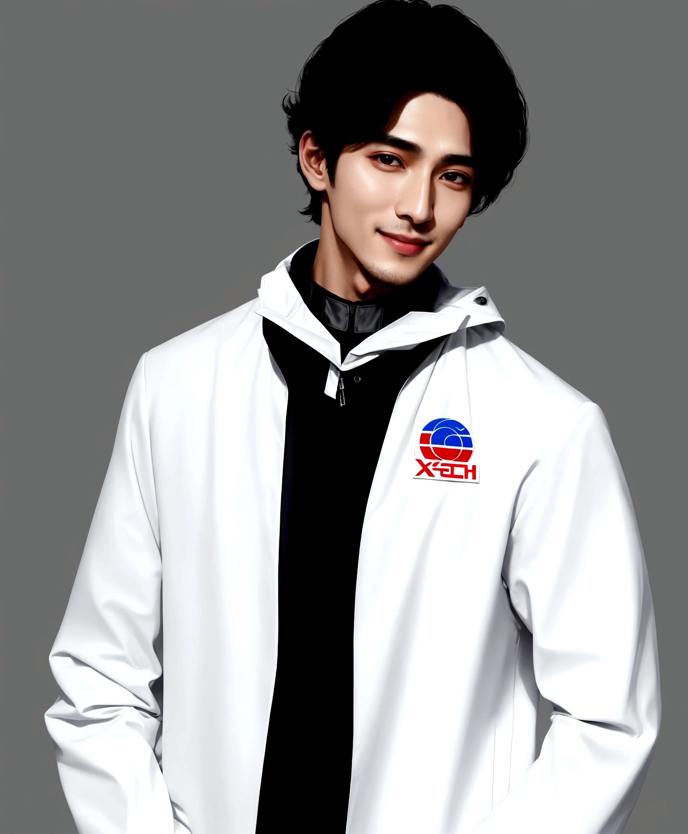 Man smiling with teeth showing, Arabic style image of a man wearing a white jacket and black tie, wearing space techwear, Profile shot, Cai Xukun, Model is wearing a technical vest, Won Bin Lee, Official product photos, xqc, Official product images, Official photos, Official photo, cyber future jacket, Official store photos, Official Art, Shin Jinyoung, Inspired by Zhang Han