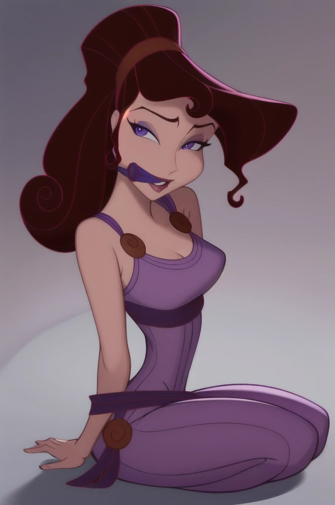 score_9,score_8_up,score_7_up,score_6_up, source_cartoon, BREAK, 1girl, disney, megara, brown hair, purple eyes, purple dress, tied up with gray rope, arms behind her back, tape-gagged, kneeling down, looking at viewer