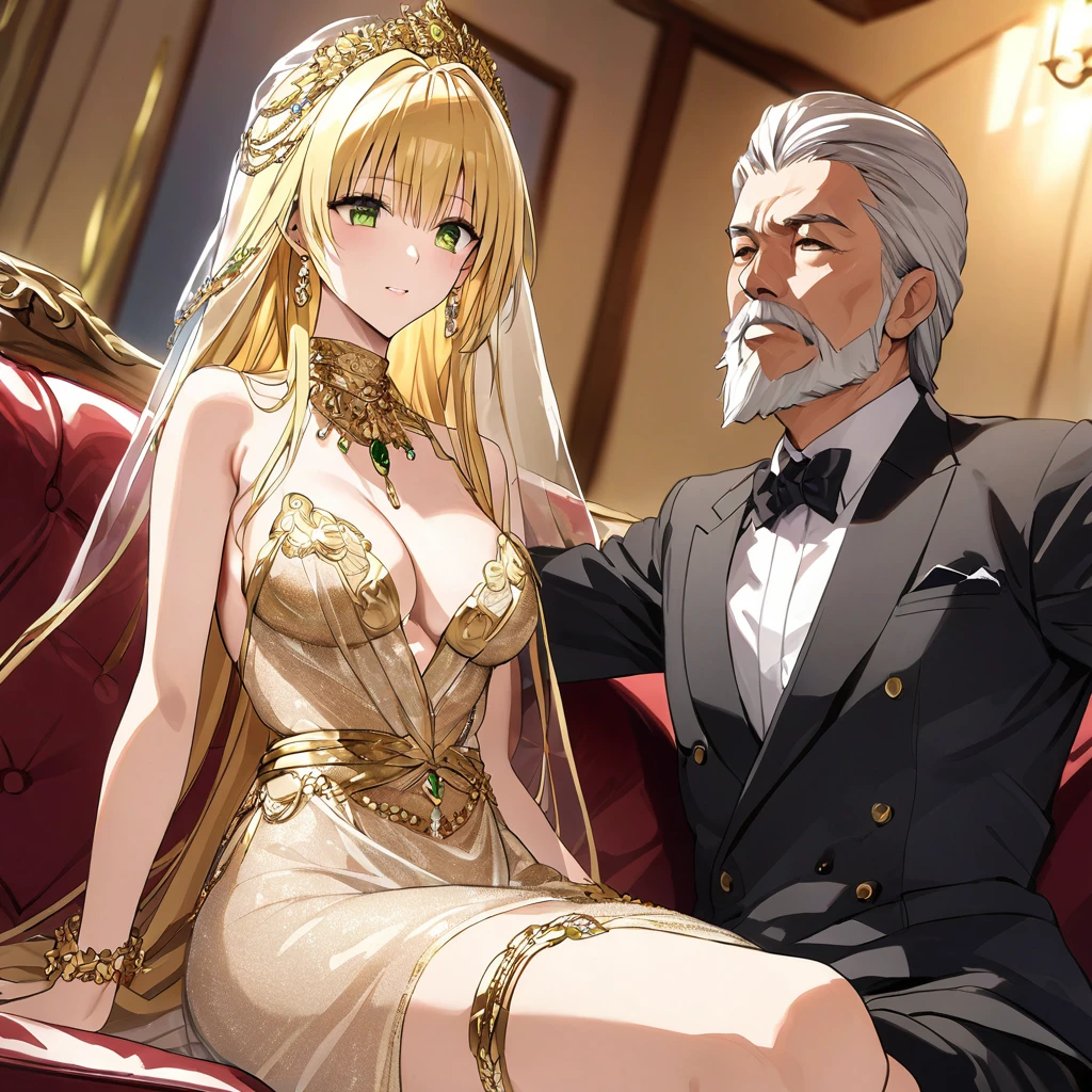 ((Highest quality)), ((masterpiece)), (detailed), (Perfect Face)、The woman was a tiare with green eyes and medium-long blonde hair, and was wearing a luxurious, shiny, gold-colored, long-slit see-through dress with gorgeous embroidery and trim, which allowed her skin to show through, a gold-colored see-through cape, and a gold-colored see-through veil. She was wearing a gorgeous jeweled hair accessory, a jeweled head dress chain, a jeweled waist chain, a gorgeous necklace, bracelets, ankle bracelets, jeweled earrings, and shiny gold boots. She was also wearing an engagement ring.、The woman is sitting on a luxurious sofa in a luxurious room with her 16-year-old daughter and a man, enjoying a family gathering.、The man is a dignified, bearded, elderly man of great wealth, wearing luxurious clothing with gold embroidery and trim.、The , who resembles the woman, is wearing the same clothes as the woman and hugging her mother.