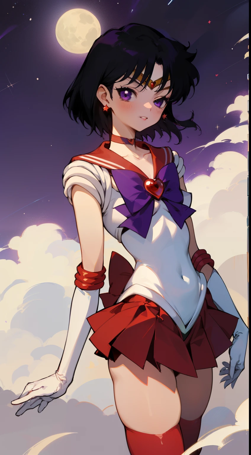 masterpiece, best quality, 1girl, solo, facing viewer, (art by Naoko Takeuchi), rooftop, skyline, night, fog, starry sky, full moon, bishoujo senshi sailor moon BREAK EPsmSailorMars, purple eyes, half-closed eyes, evil face, smirk, parted lips, purple hair, short hair, full makeup, black eyeshadow, red lipstick, mascara , bow, bowtie, purple bow, purple bowtie, breasts, brooch, choker, elbow gloves, gem, gloves, heart, heart brooch,jewelry,red bow, red choker, red gemstone, red sailor collar, shirt, short sleeves, star (symbol), star choker, black gloves, black leotard, black shirt BREAK leotard, miniskirt, pleated skirt, red skirt, thighhighs
