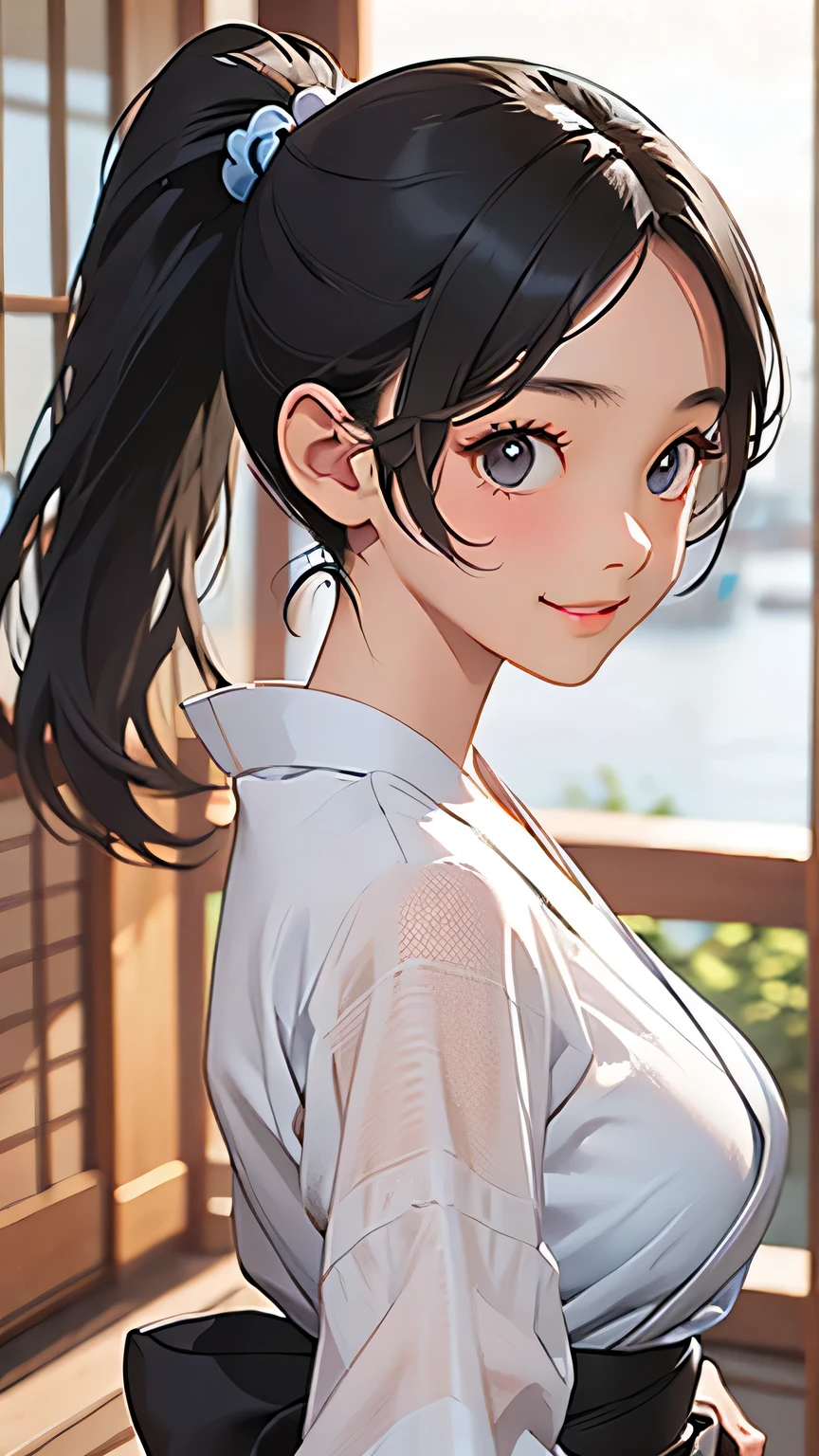 highest quality、Realistic、woman、summer night、Gray Eyes、ponytail、all back、Black Hair、Light blue yukata、Tanned black body、Tan Skin、Brown black skin、Dark skin、slender、Large Breasts、White Lingerie、smile、Bust Shot