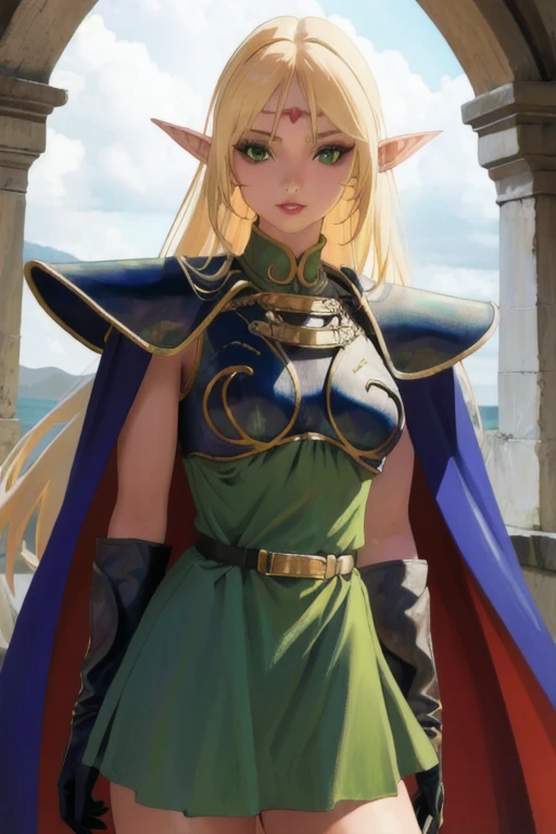 masterpiece, best quality, 1girl, solo, scenery, cowboy shot,
pointy ears, blonde hair, long hair, elf, circlet, green eyes, long pointy ears, very long hair, breasts, medium breasts, earrings, lips, makeup, bangs,
cape, armor, blue cape, shoulder armor, pauldrons, gloves, breastplate, belt, green dress, short dress,
