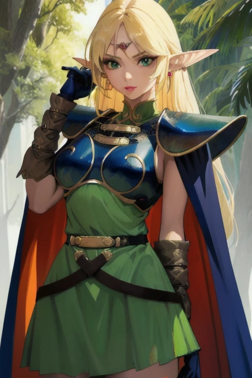 masterpiece, best quality, 1girl, solo, scenery, cowboy shot,
pointy ears, blonde hair, long hair, elf, circlet, green eyes, long pointy ears, very long hair, breasts, medium breasts, earrings, lips, makeup, bangs,
cape, armor, blue cape, shoulder armor, pauldrons, gloves, breastplate, belt, green dress, short dress,
