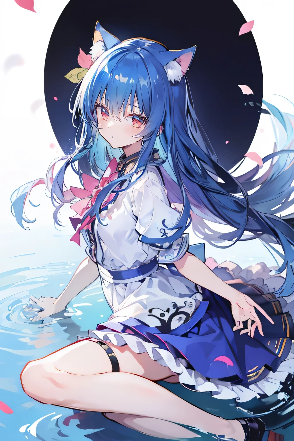 （masterpiece：1.2），Super detailed，lifelike，Expressive eyes，fair skin，perfect face shape，1 girl，
Japanese comics,Gorgeous blue hair,flowing blue hair,flowing clothes,Cat ears,Petals fall,beautiful lola,Baby Angel,
Shaking head with one hand，Cross your legs，，The pavilion is cool and comfortable,smile,back views,sunrise,Petals fall, winter,lie on the water。