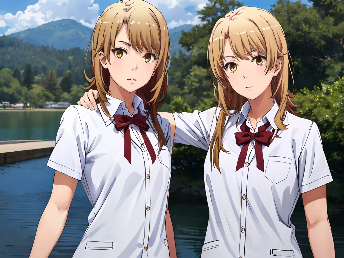 irohaisshiki, iroha isshiki, long hair, brown hair, (brown eyes:1.5),
BREAK (red_bow,white_shirt,shimokitazawa_high_school_uniform:1.2),
BREAK fishnet, big breasts, mountain, lake, arm behind head, blue sky,
BREAK ((top quality, 8k, masterpiece: 1.3, ultra hd, high quality, best quality, high definition, realism)), sharp focus: 1.5, Beautiful woman with Slim body, (perfect hands, perfect anatomy),