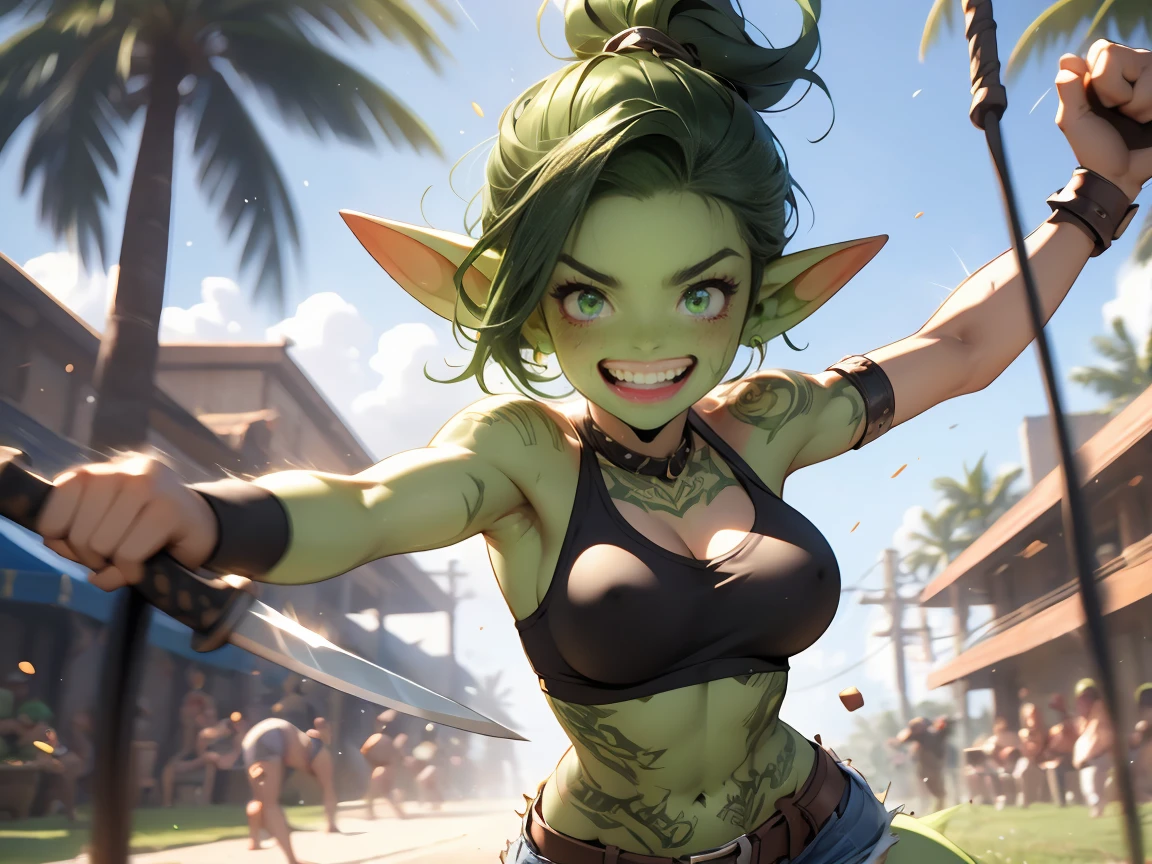 4k, extremely muscular goblin tomboy, brash, confident, green skin, pointy ears, green eyes, short length messy green punk hair, very small breasts, many tattoos, face tattoo, 1girl, solo, topless, daisy duke shorts, leather armor, motion, motion blur, dynamic pose, action pose, cinematic, swinging a sword at a practice dummy, practicing, hitting hard, slashing, slicing, bouncing breasts, fast movement, bouncy breasts, grinning, happy, very detailed eyes