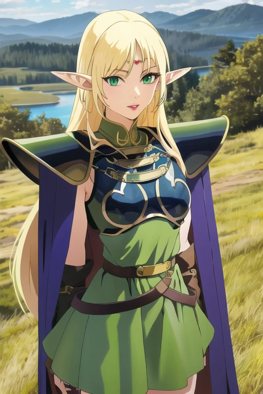 masterpiece, best quality, 1girl, solo, scenery, cowboy shot,
pointy ears, blonde hair, long hair, elf, circlet, green eyes, long pointy ears, very long hair, breasts, medium breasts, earrings, lips, makeup, bangs,
cape, armor, blue cape, shoulder armor, pauldrons, gloves, breastplate, belt, green dress, short dress,