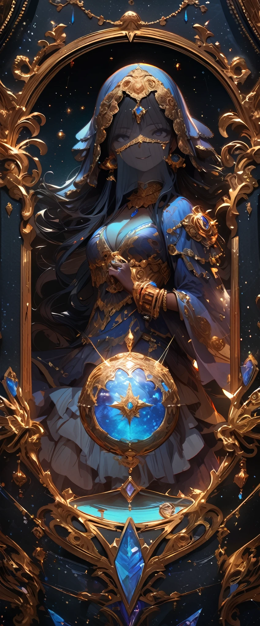 quality\(8k,wallpaper of extremely detailed CG unit, ​masterpiece,hight resolution,top-quality,top-quality real texture skin,hyper realisitic,increase the resolution,RAW photos,best qualtiy,highly detailed,the wallpaper,cinematic lighting,ray trace,golden ratio\), BREAK ,solo,1girl\(Astrologer,Arabic,(face veil:1.7),dark skin, shiny skin, cleavage, wearing head_scarf\(shawl\),wearing bedlah\(belly_dance dress\), crystal jewelry, smiling mouth under face veil, black hair, long hair, wavy hair, bracelets, necklace, earrings,wearing makeup\(eyeshadow,lips\),long eyebrow,(holding big beautiful 1crystal_ball:1.3)\), BREAK ,background\(inside,(very dark:1.4), dark sky,many shiny stars\((constellations:1.8)\),(tarot_card floating in the air:1.3)\),(long shot:1.4),(wide shot:1.4),full body,dynamic pose,long shot
