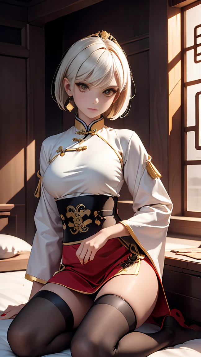 A very beautiful 19-year-old woman, (white hair:0,5), bob haircut, short hair, (yellow eyes:0.5) bright golden eyes, red nails, young beautiful face, muscular, slim but well-proportioned body, perfect white skin, highly detailed drawing, realistic face. (((Wearing traditional Chinese imperial clothes black With gold details:0,8))) ((red skirt with contour golden,)) (with red Hanafuda earrings,) (garterbelt black thigh-high socks.) Kneeling on a white bed in an ancient Chinese room, with a full moon and stars visible through the window, with light flashes reflecting on her body. 4k anime art, perfect lighting.