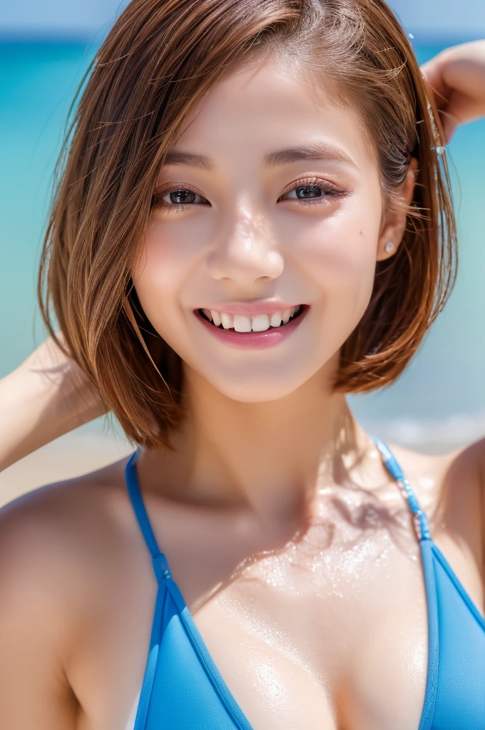 ((Highest quality、8K、masterpiece:1.3))、One Girl、The beauty of slim abs:1.3、(Hairstyle Brown Hair Short Cut、Huge boobs)、Swimwear:1.1、Super detailed face、Delicate eyes、double eyelid、Laughter、Beach、RAW Photos