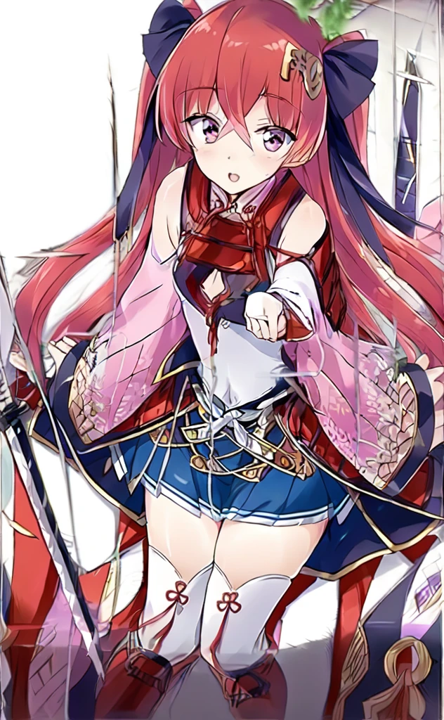 (masterpiece,Highest quality,High resolution:1.3),(V sign,peace sign,Smile,Japanese Shrines,blue sky:1.2), arms, Long Hair, skirt, sword, Redhead, Knee socks, pleated skirt, View your viewers, Sitting, Hair between the eyes, blue skirt, armor, hair ornaments, Red eyes, knife, Twin tails, bow, very Long Hair, black bow, bangs, Long sleeve, sheathed, hair bow, Covered navel, miniskirt, blush, Both sides up, sheath, boots, Part your lips, ribbon, hair ribbon, , chest, zettai ryouiki, black ribbon