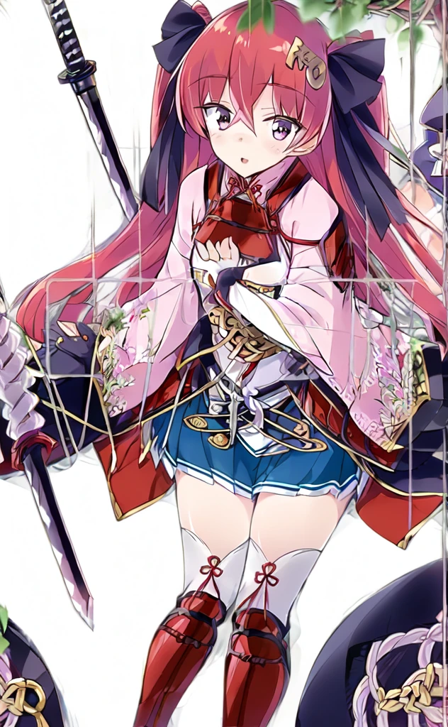 (masterpiece,Highest quality,High resolution:1.3),(V sign,peace sign,Smile,Japanese Shrines,blue sky:1.2), arms, Long Hair, skirt, sword, Redhead, Knee socks, pleated skirt, View your viewers, Sitting, Hair between the eyes, blue skirt, armor, hair ornaments, Red eyes, knife, Twin tails, bow, very Long Hair, black bow, bangs, Long sleeve, sheathed, hair bow, Covered navel, miniskirt, blush, Both sides up, sheath, boots, Part your lips, ribbon, hair ribbon, , chest, zettai ryouiki, black ribbon