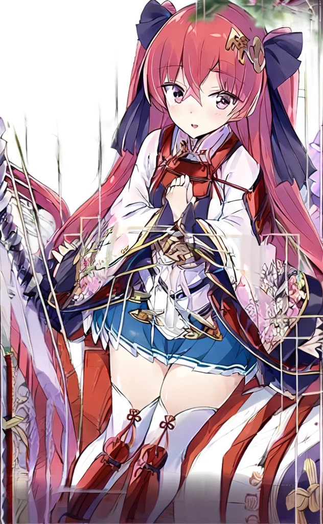 (masterpiece,Highest quality,High resolution:1.3),(V sign,peace sign,Smile,Japanese Shrines,blue sky:1.2), arms, Long Hair, skirt, sword, Redhead, Knee socks, pleated skirt, View your viewers, Sitting, Hair between the eyes, blue skirt, armor, hair ornaments, Red eyes, knife, Twin tails, bow, very Long Hair, black bow, bangs, Long sleeve, sheathed, hair bow, Covered navel, miniskirt, blush, Both sides up, sheath, boots, Part your lips, ribbon, hair ribbon, , chest, zettai ryouiki, black ribbon