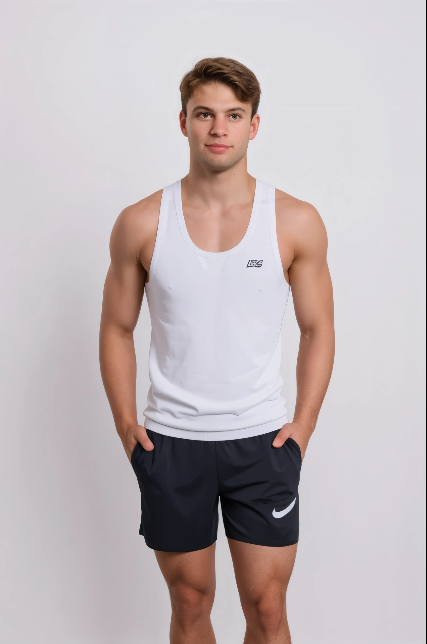 Wear a vest、Photo of man in shorts and sneakers, White background,The figure is very thin