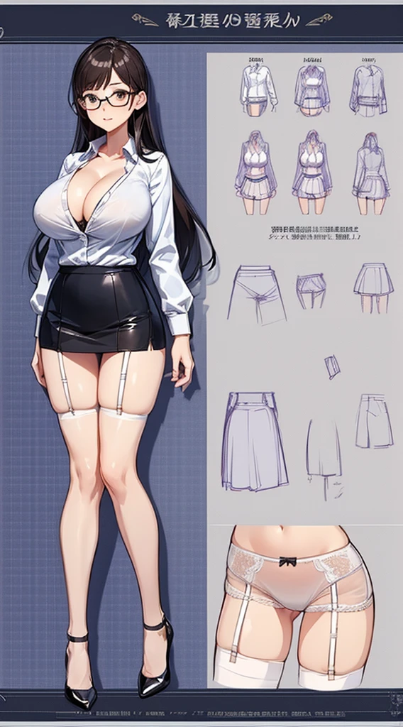girl, alone, whole body, From head to toe, Are standing, (Huge Saggy Tits:1.3),
Character design sheet, Character Reference Sheet, 設計図のSchematic, Drafting, Blueprint, Schematic,
((Character design sheet:1.7, Character Reference Sheet:1.7,)),
anime/cartoon character wearing a girls , 1girl, alone, ,Mature Woman,Cleavage,Long sleeve,Collared shirt,White shirt,,(Tight Skirt),((garter belt)),(High heels),Skirt Suit,mini skirt,office lady,Long Hair, bow, , (Very short skirt:1.4), (lingerie:1.5),secretary,Thin glasses, (In underwear:1.7),nsfw,Full nudity、