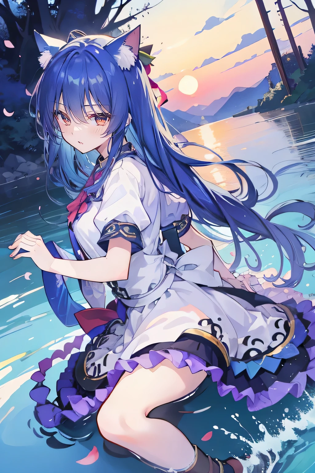 (masterpiece:1.2),Super detailed,lifelike,Expressive eyes,fair skin,perfect face shape,1 girl,
Japanese comics,Gorgeous blue hair,flowing blue hair,flowing clothes,Cat ears,Petals fall,beautiful lola,Baby Angel,
Shaking head with one hand,Cross your legs,,The pavilion is cool and comfortable,smile,back views,sunrise,Petals fall, winter,lie on the water。