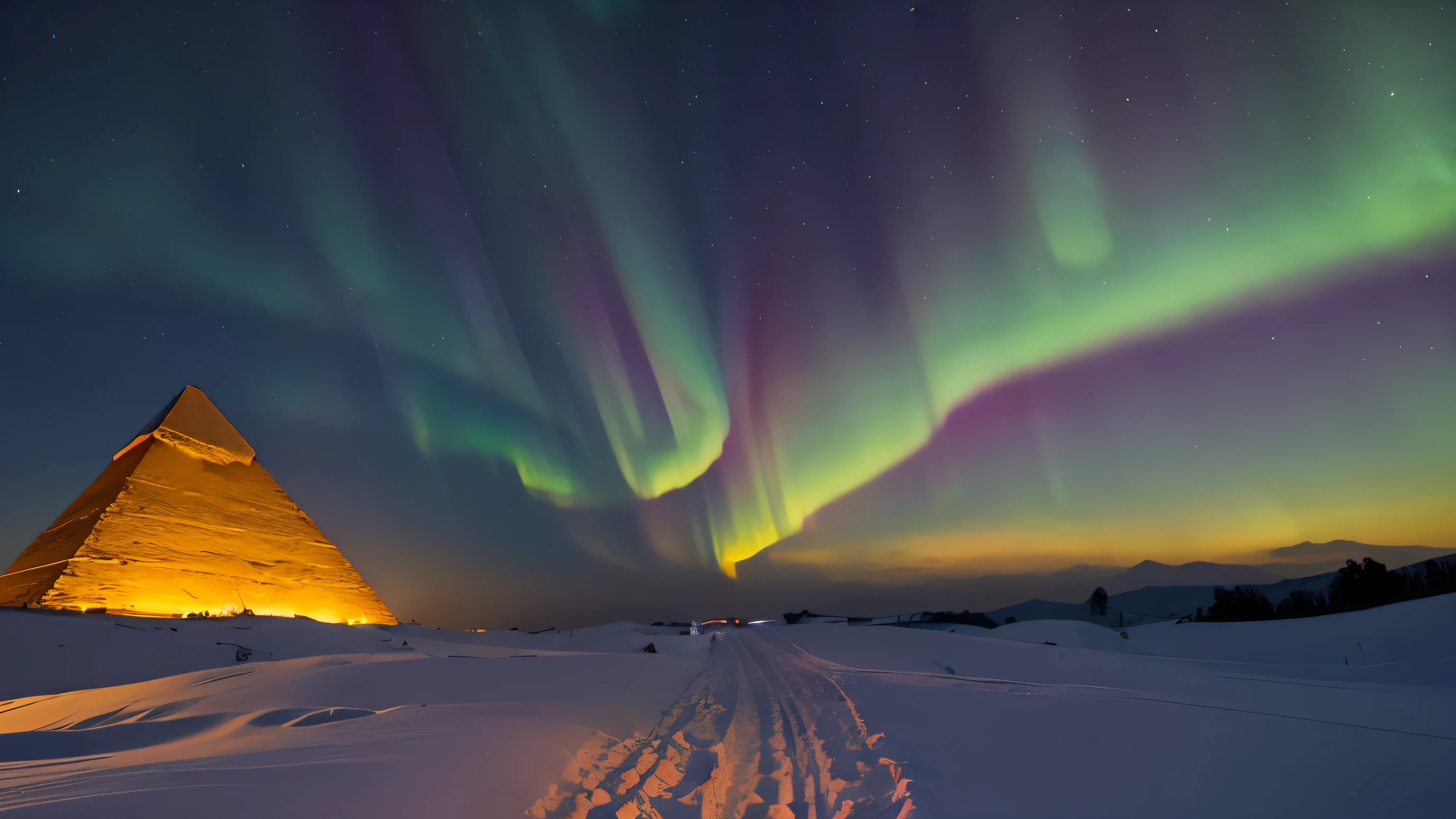 (Masterpiece:1.4), (realistic, photorealistic:1.4), ultra hi-res 8k, Pyramids of Giza, Snow Scene, Aurora