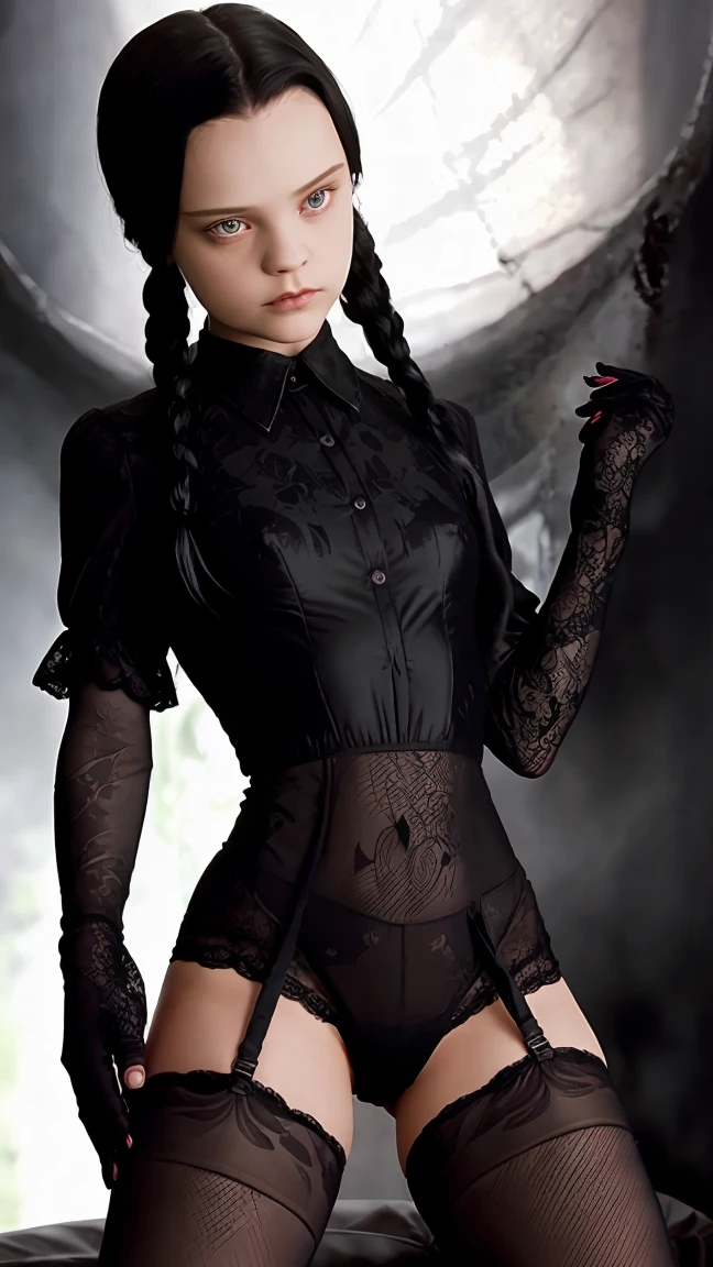 wednesday addams,wednesday90,(((girl ************))) ,sexy girl in dark lace lingerie and lace stockings,lace gloves large,open legs and arms