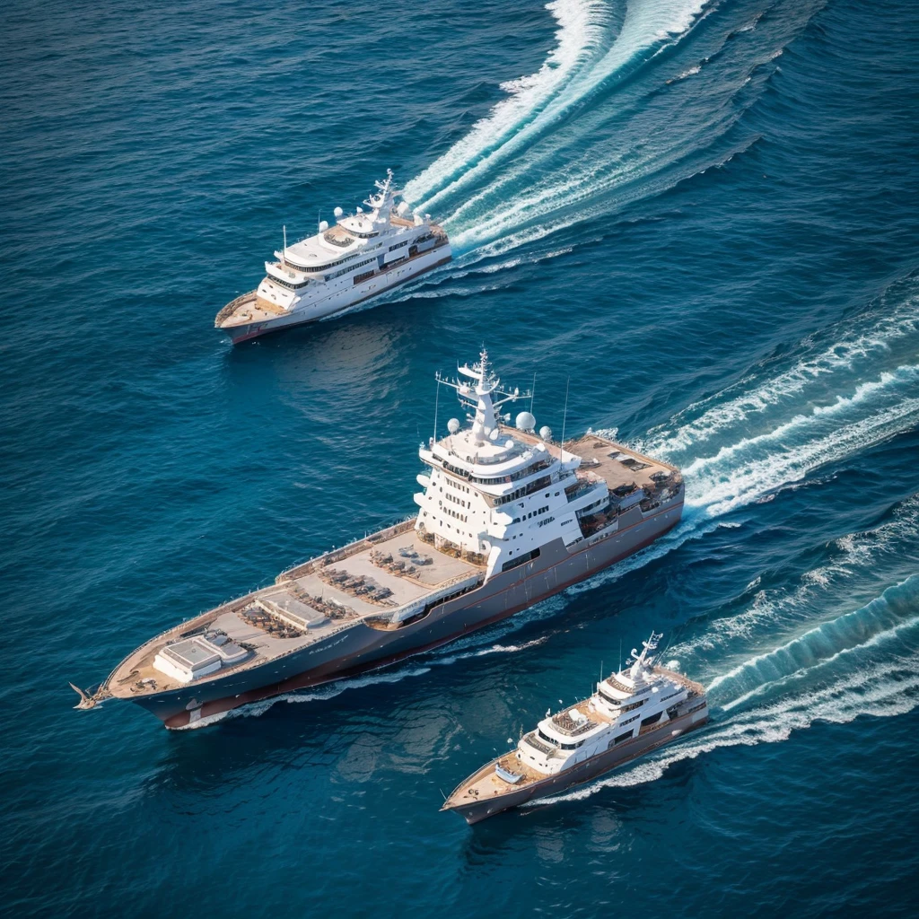 High angle wide shot, UHD ultra-detailed clarity real picture of marine vessels breeding fish Guoxin-1, it is sailing in the sea,