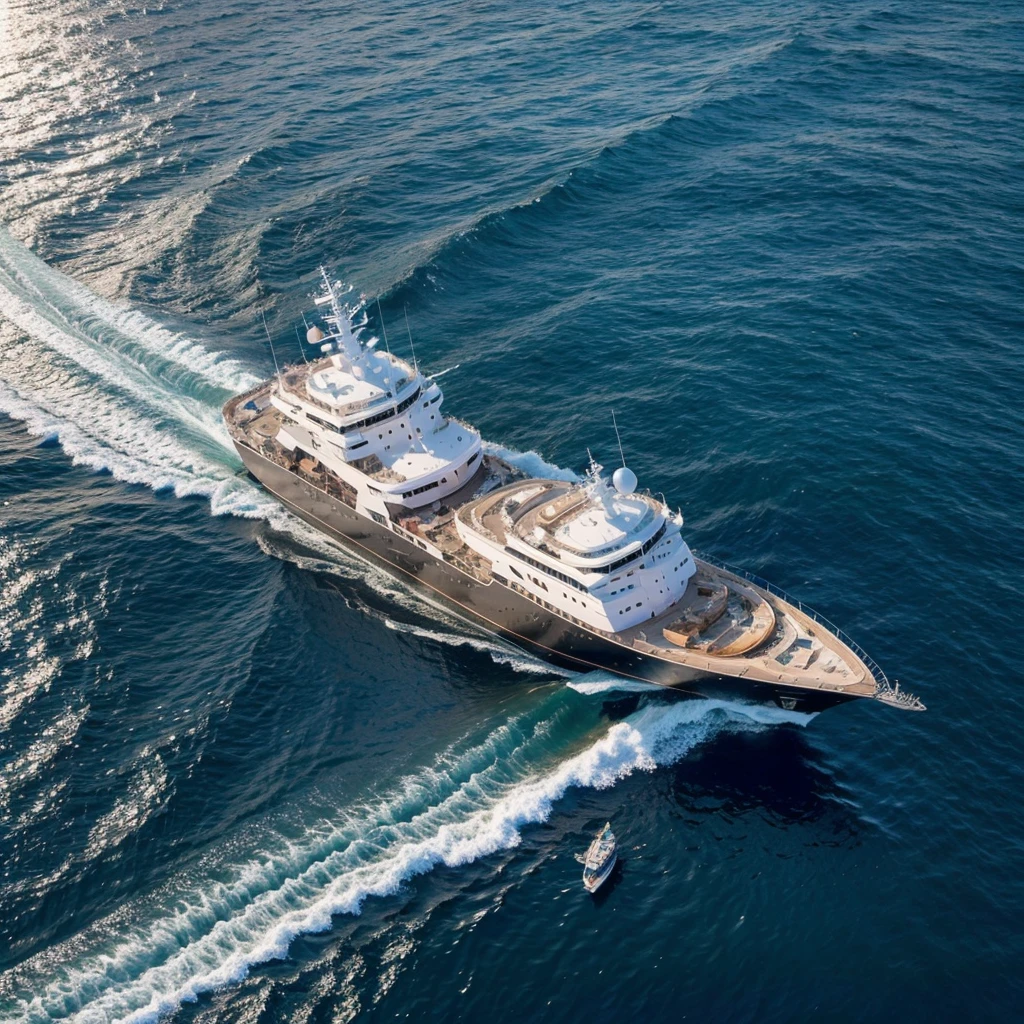 High angle wide shot, UHD ultra-detailed clarity real picture of marine vessels breeding fish Guoxin-1, it is sailing in the sea,